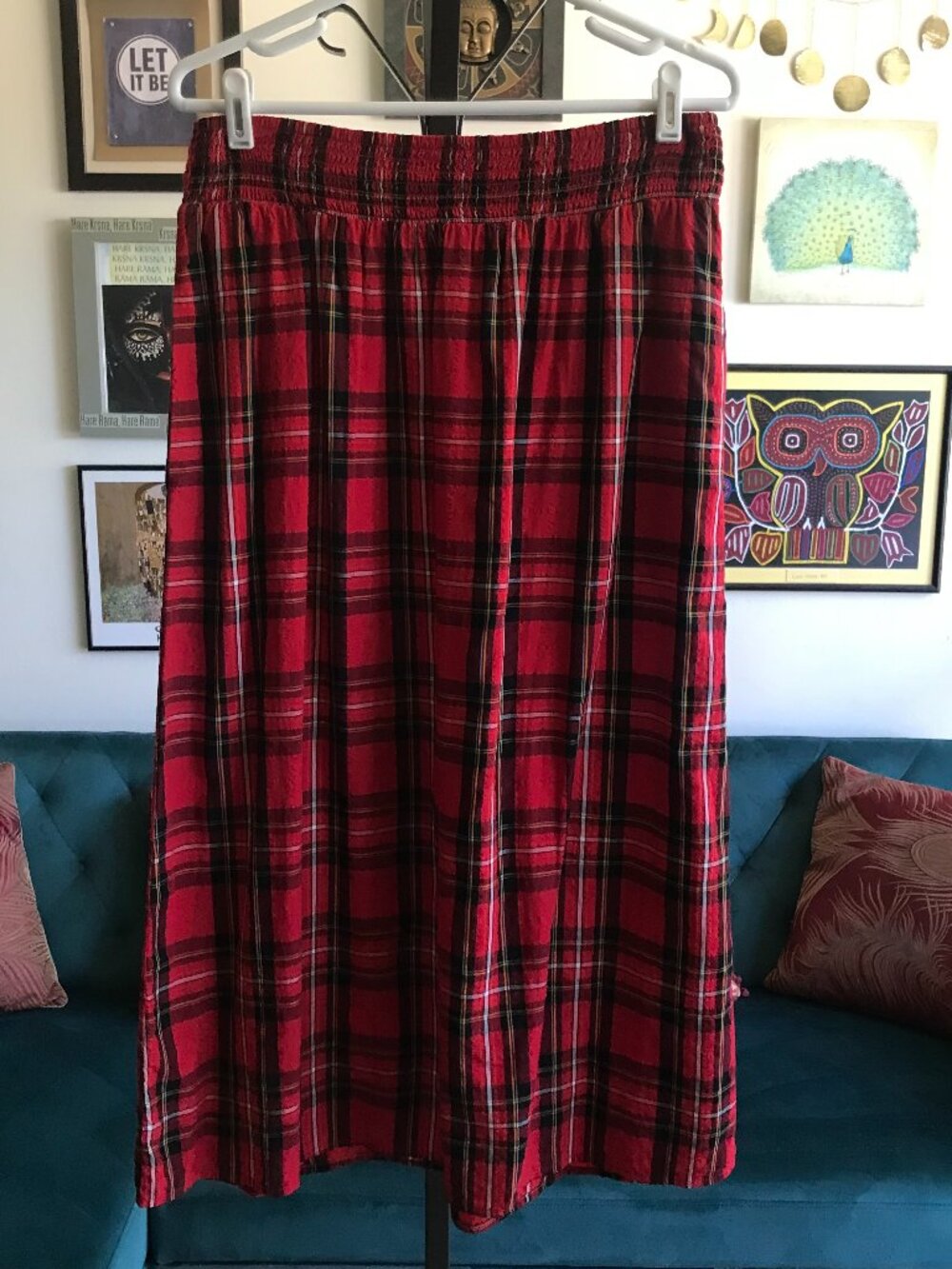 OLD NAVY size L Red Tartan Plaid Smocked Waist Pull-On Long Skirt